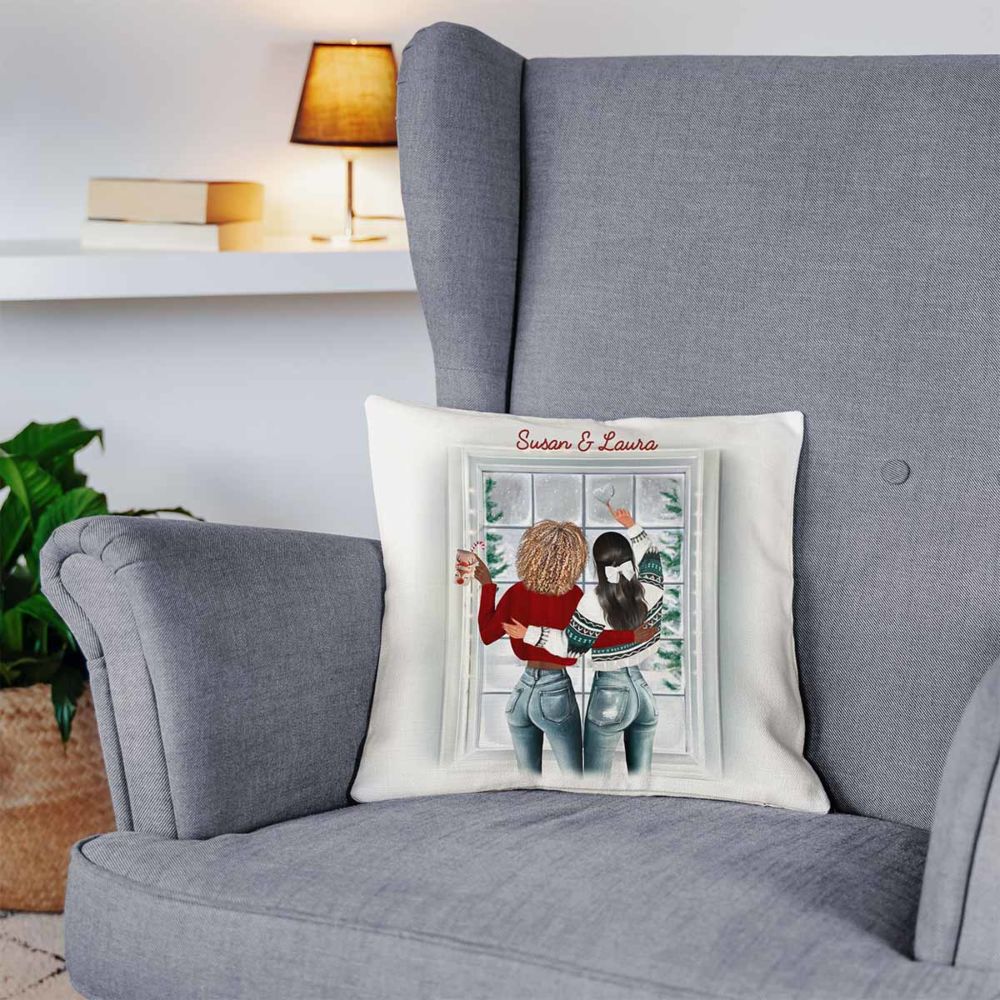 Housse de coussin personnalisée Amies en hiver - Illustration