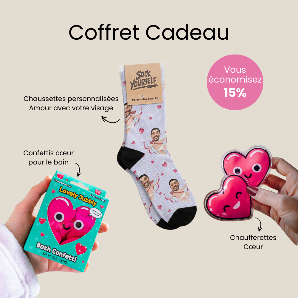 Coffret cadeau avec chaussettes, chauffe-mains et confettis de bain
