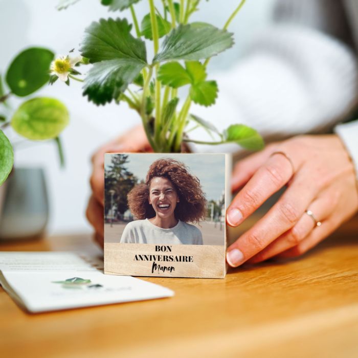 Ecocube personnalisé - Plante dans cube en bois avec grande photo et texte